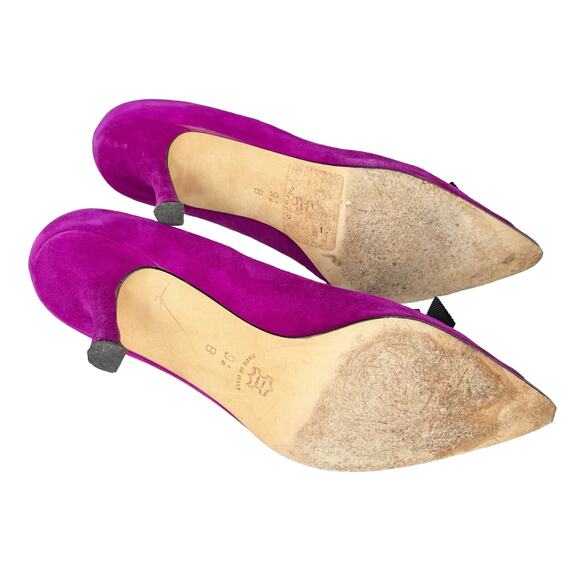 Vintage Y2K Isaac Mizrahi Suede Heels Pointed Toe Ribbon Trim Purple Black 9.5 - Picture 8 of 12